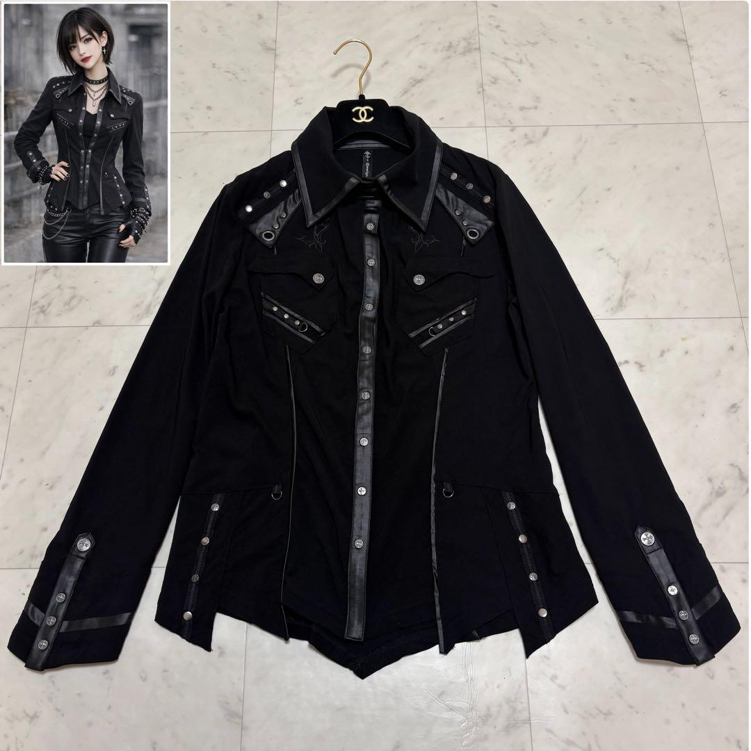 美品 オッズクローチェ 刺繍 スタッズ シャツ 十字架ボタン ゴシック y2k