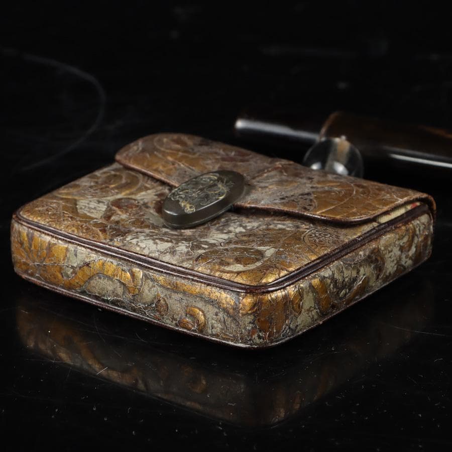 Y2978-2 時代物 金銀象嵌金具 金蒔絵 煙管入れ 煙草入れ 提物　　ち