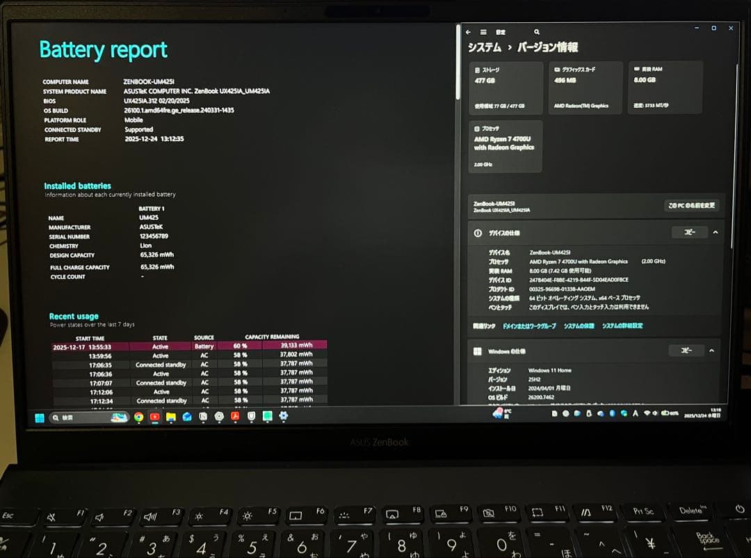 Windowsノート本体 ASUS Zenbook14 Ryzen7 4700U/8GB/512GB