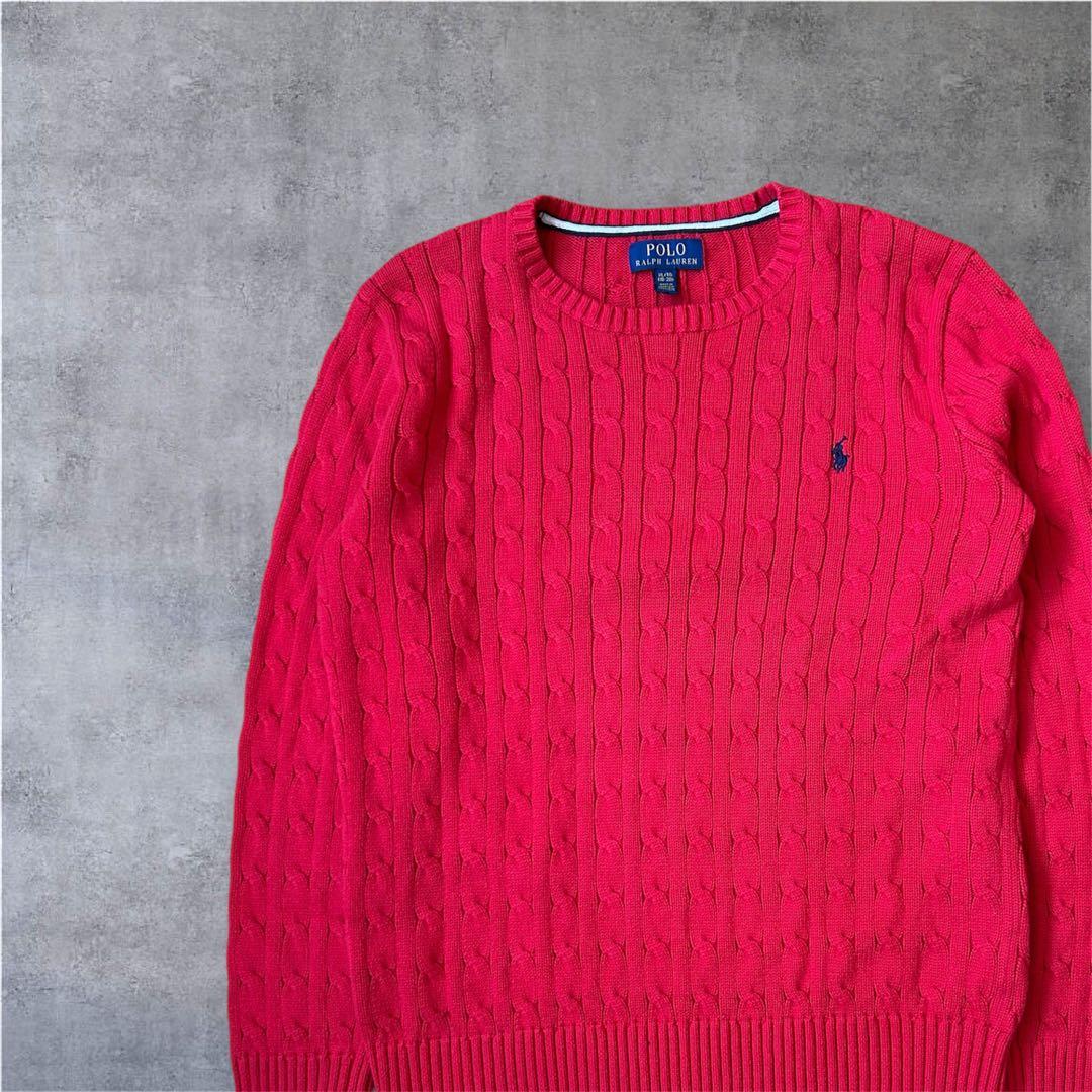 【極美品】ポロラルフローレン ケーブルクルーネック ニット 赤 コットン