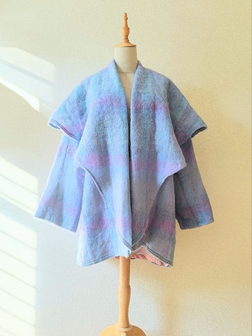 アイルランド製 モヘア混 チェック柄 ケープ風コート ヴィンテージ古着 ユーロ