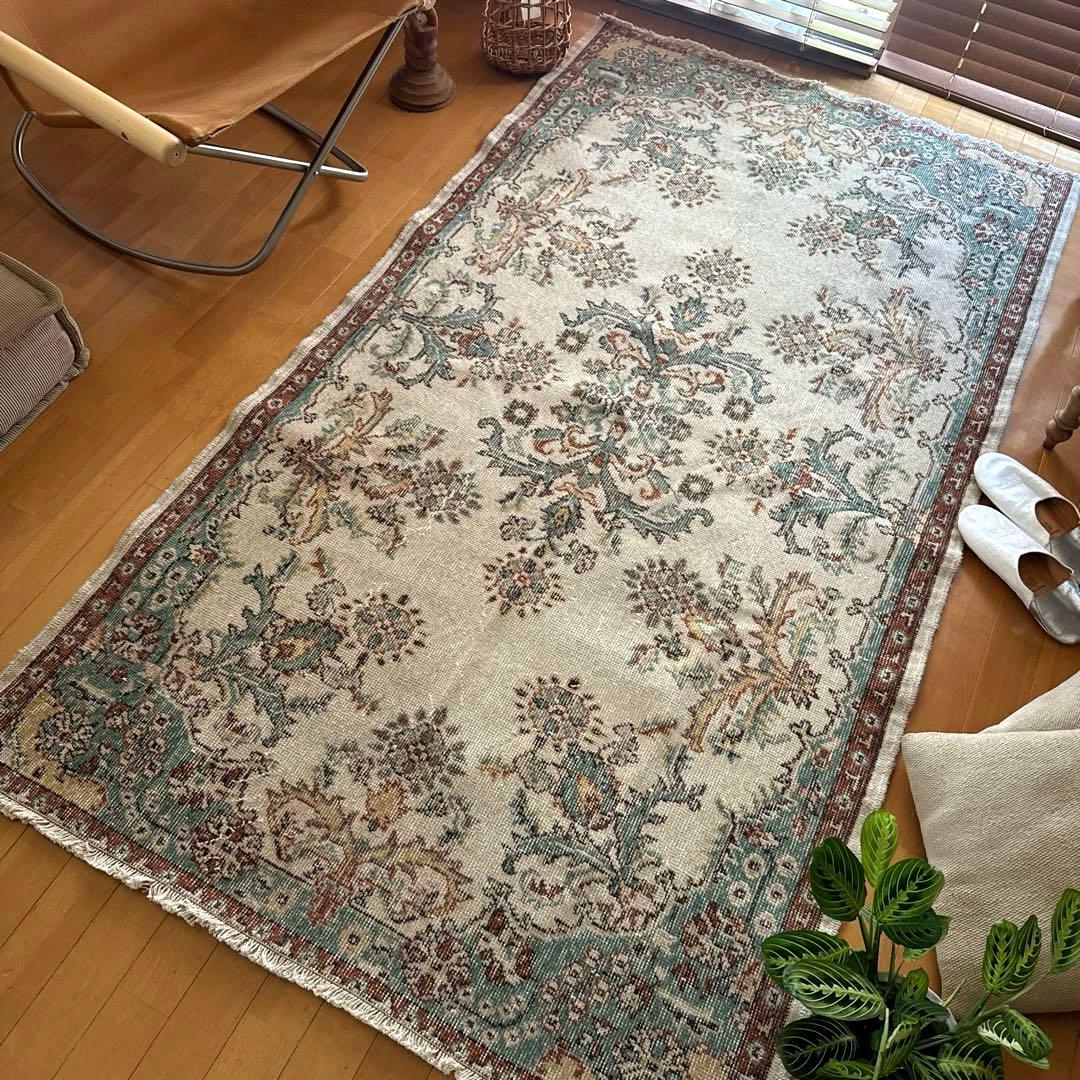 117×214 エメラルドグリーン　メダリオンボタニカル　トルコヴィンテージラグ