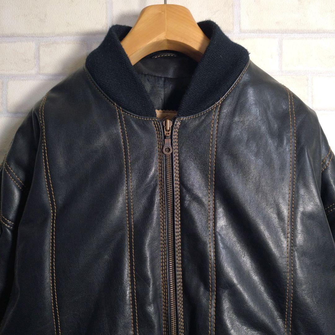 ヴィンテージ★総ステッチ リアルレザー 牛革 レザージャケット ネイビー M相当