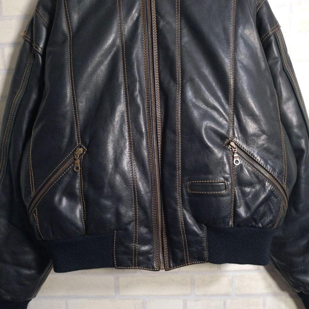 ヴィンテージ★総ステッチ リアルレザー 牛革 レザージャケット ネイビー M相当