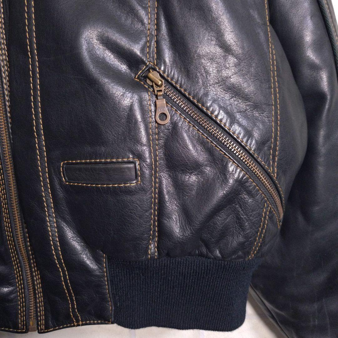 ヴィンテージ★総ステッチ リアルレザー 牛革 レザージャケット ネイビー M相当