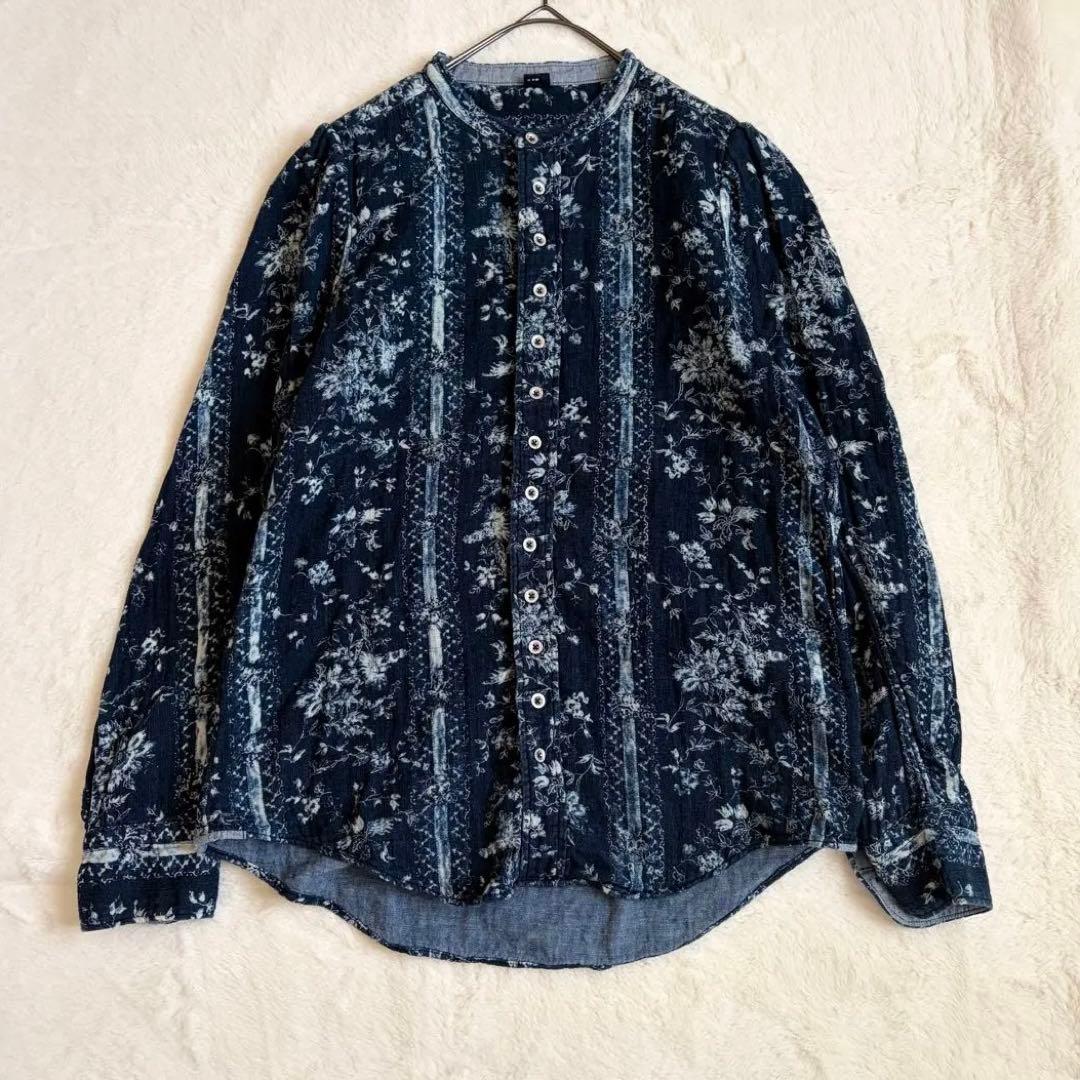 45R 二重織かごフラワーのアニーブラウス　インディゴ　シャツ　バンドカラー