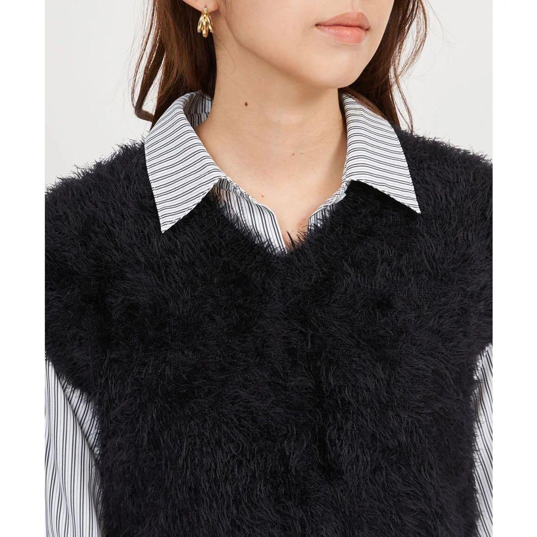 新品 ロイヤルパーティー ニットベスト付くびれるストライプシャツワンピース F