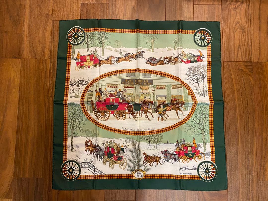 エルメス HERMES 馬車風景のハンカチ 緑 約88cm x 88cm