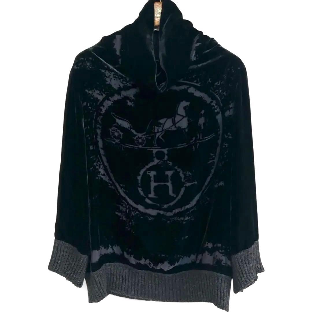 エルメス エクスリブリス ニット チュニック ベロア 黒 グレー 42