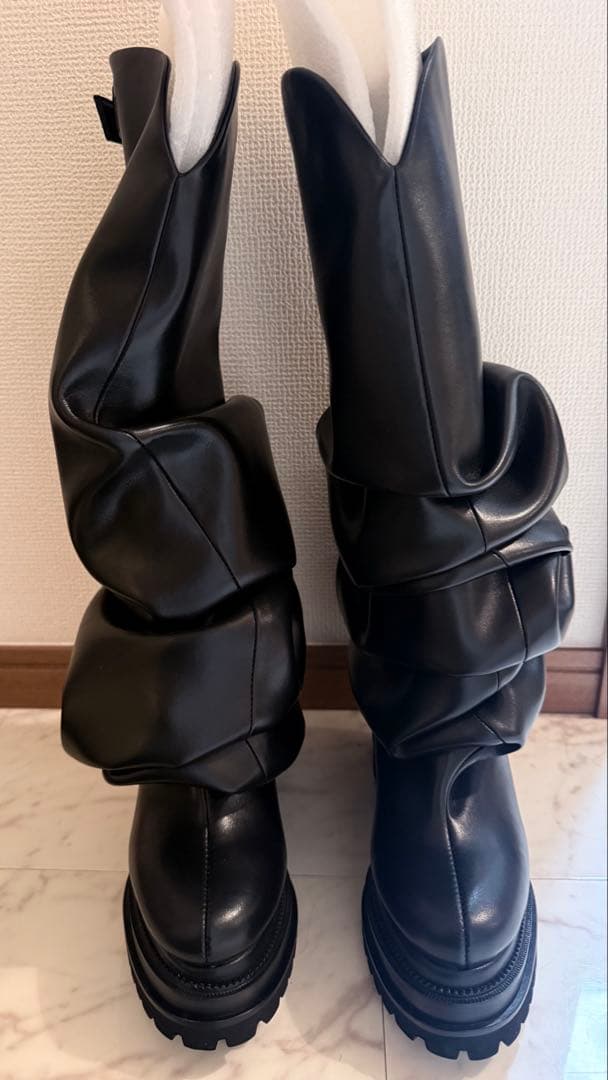 Pooled プールデ ブラックレザー ロングブーツ 37