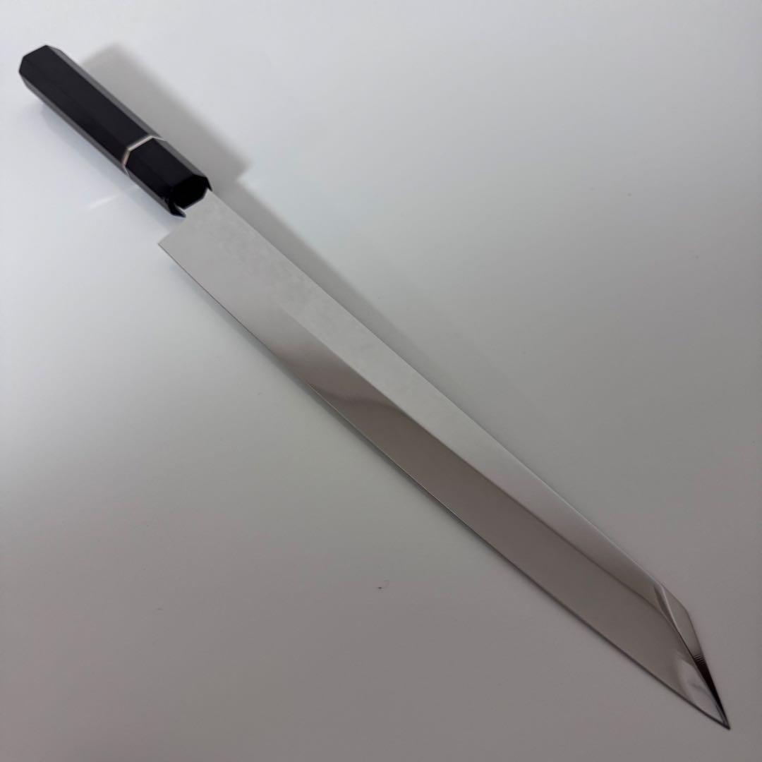 270mm 切付柳刃包丁 全鋼 鏡面 黒檀・黒水牛角八角柄