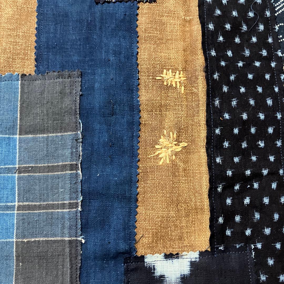 柿渋染め酒袋古布型染め雪ん子格子、縞木綿庄内刺し子ポケットリメイク前掛けエプロン