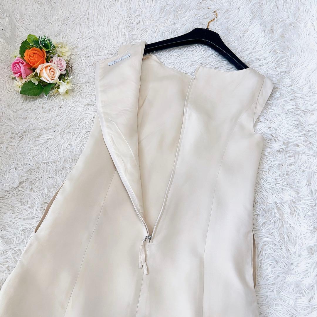 2段フレア✨FOXEY フォクシー シルク ワンピース ビーズ 40 ベージュ