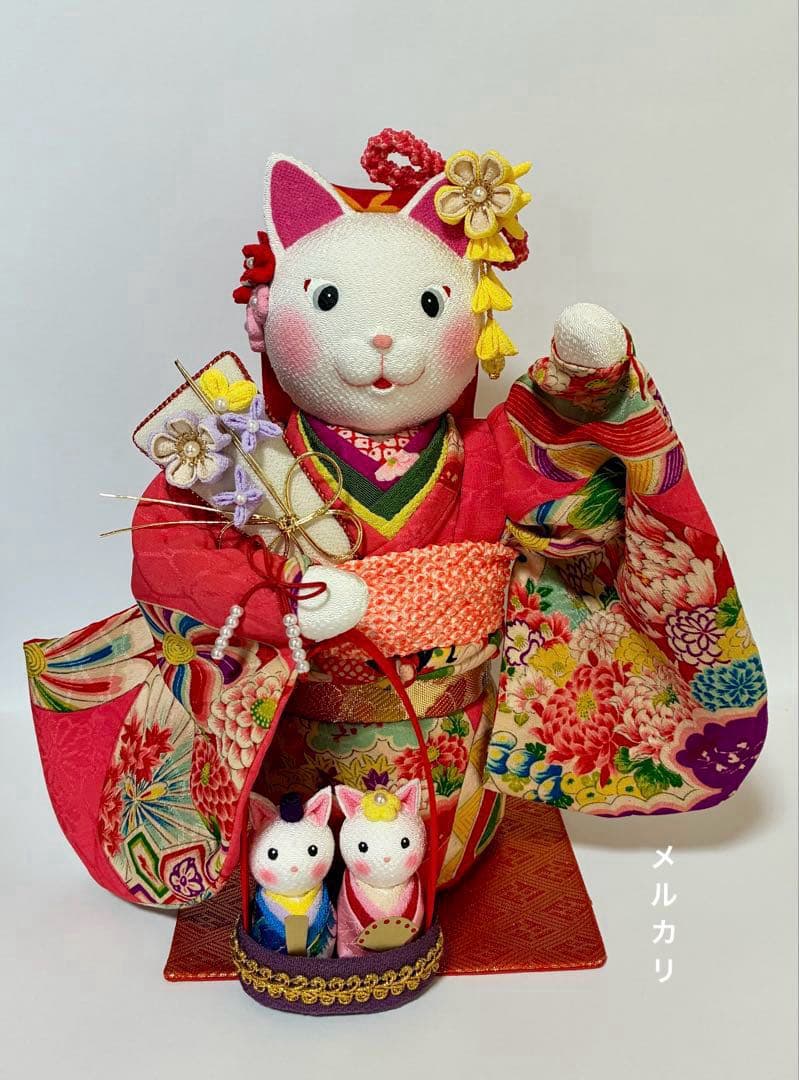 【ねこの創作人形】ちりめん細工　縮緬細工　招き猫　まねき猫　ひな飾り　ひな祭り