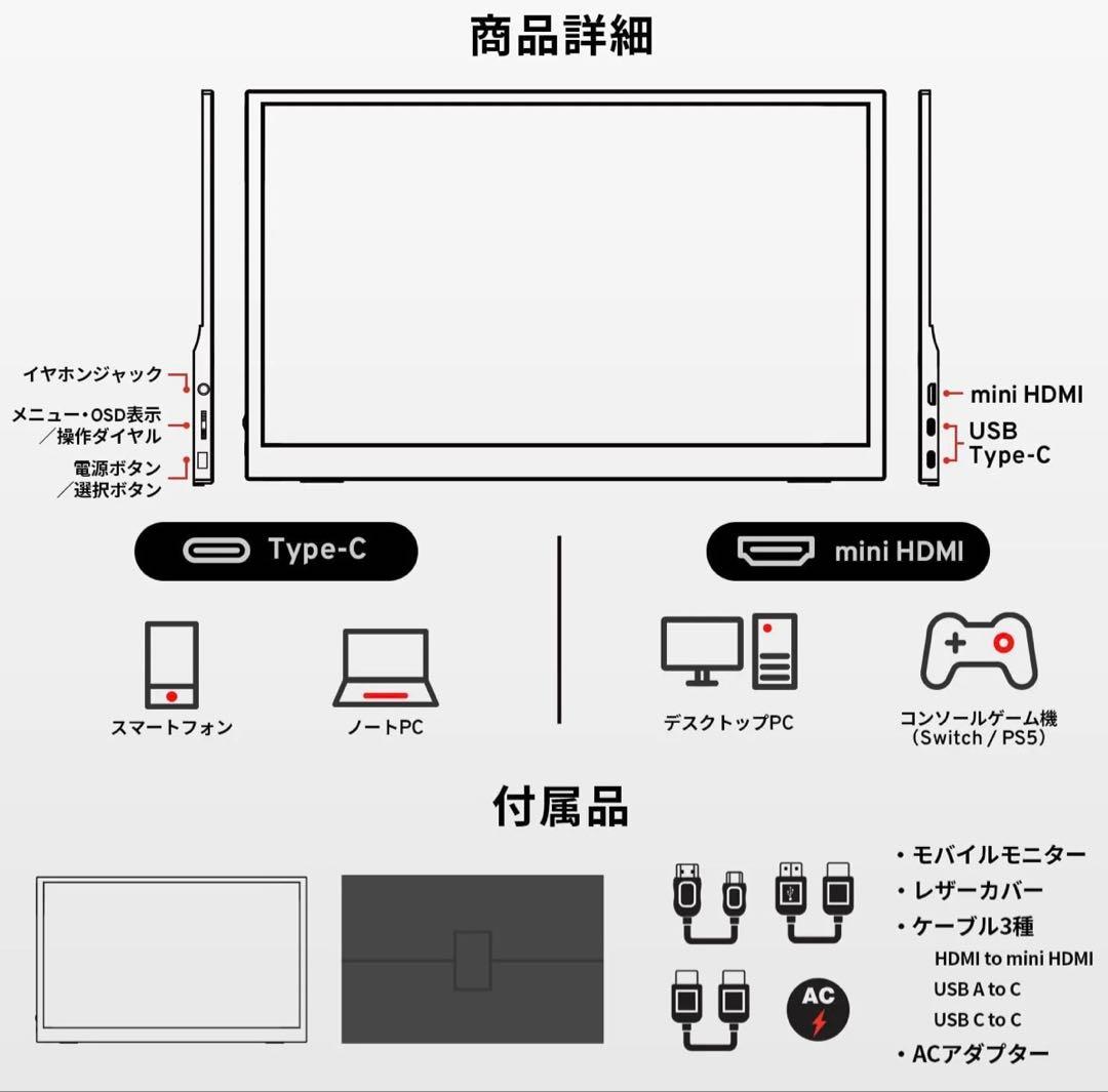 Pixio ポータブルモニター モバイルモニター ブラック　黒15.6インチ