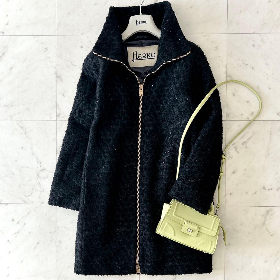 美品 ヘルノ HERNO ウール アルパカ混 ダウンコート ジャガード ブラック