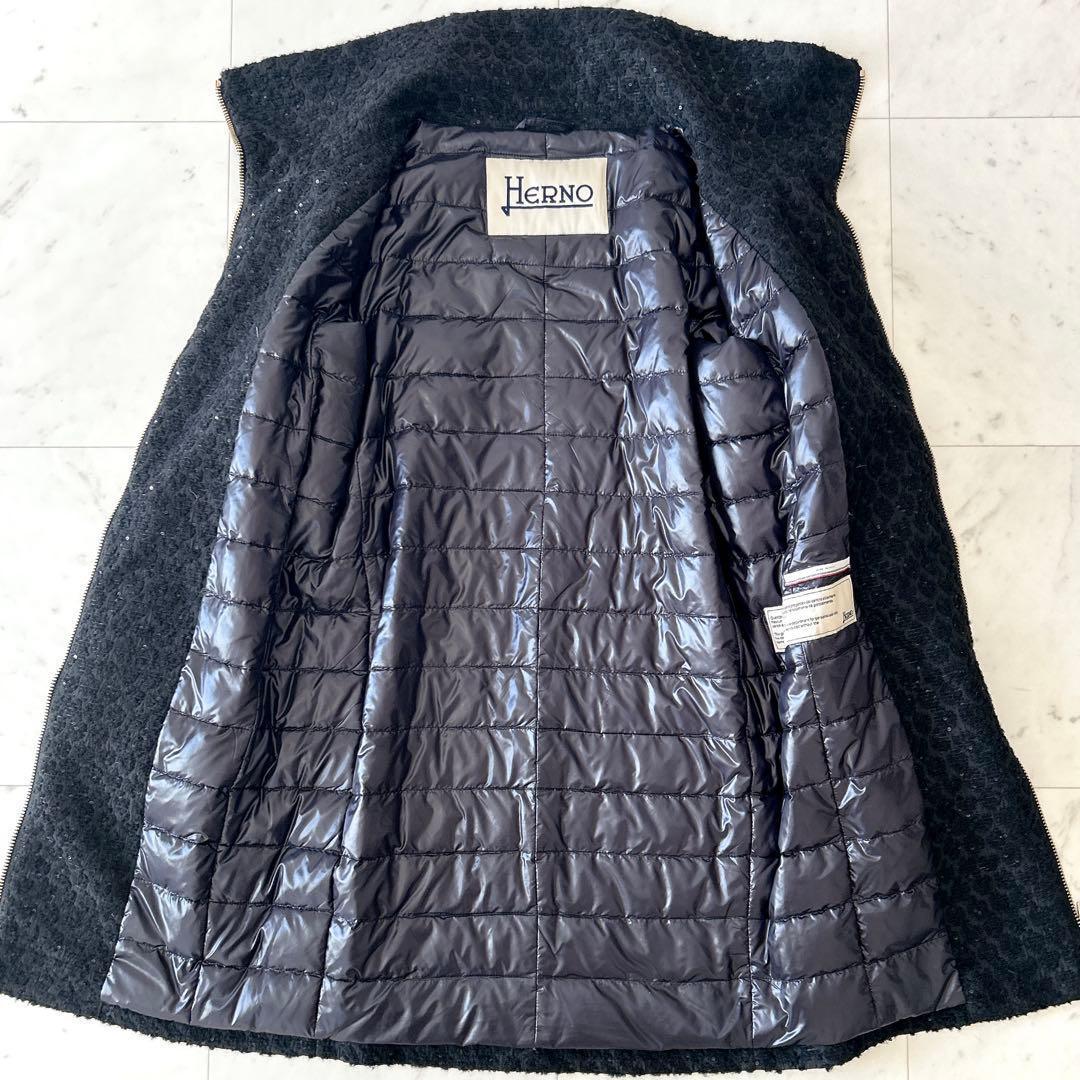 美品 ヘルノ HERNO ウール アルパカ混 ダウンコート ジャガード ブラック
