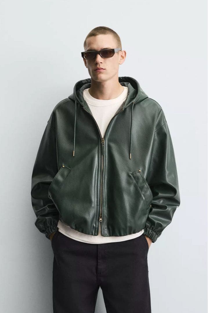 ZARA 緑　フェイクレザー　フーテッド　ジャケット　パーカー　BREATH
