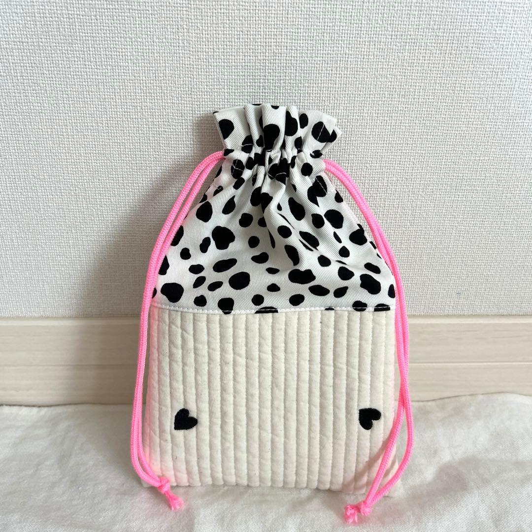 入園入学4点セット　【白地黒ハートヌビ×ダルメシアン】　女の子　ナップサック