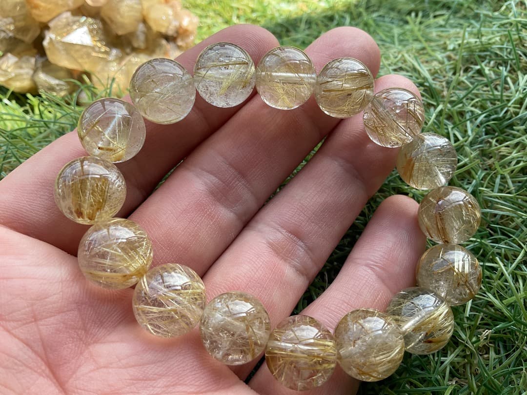 最終価格タイチンルチルクォーツブレスレット約12mm玉内周約16.5cm