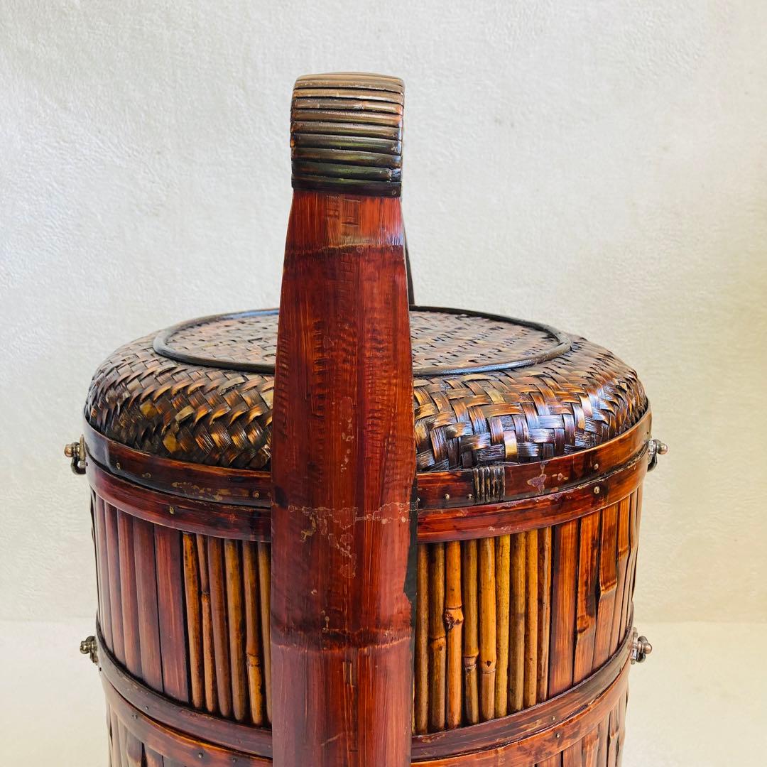 竹編み籠☆特大★茶籠☆煎茶 飾り 堤藍 三段籠 中国 農具　 　自然竹バスケット