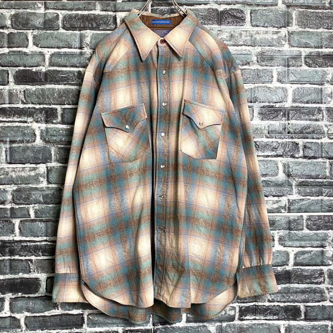 70s ペンドルトン ウエスタンシャツ オンブレチェック ブルーベージュ