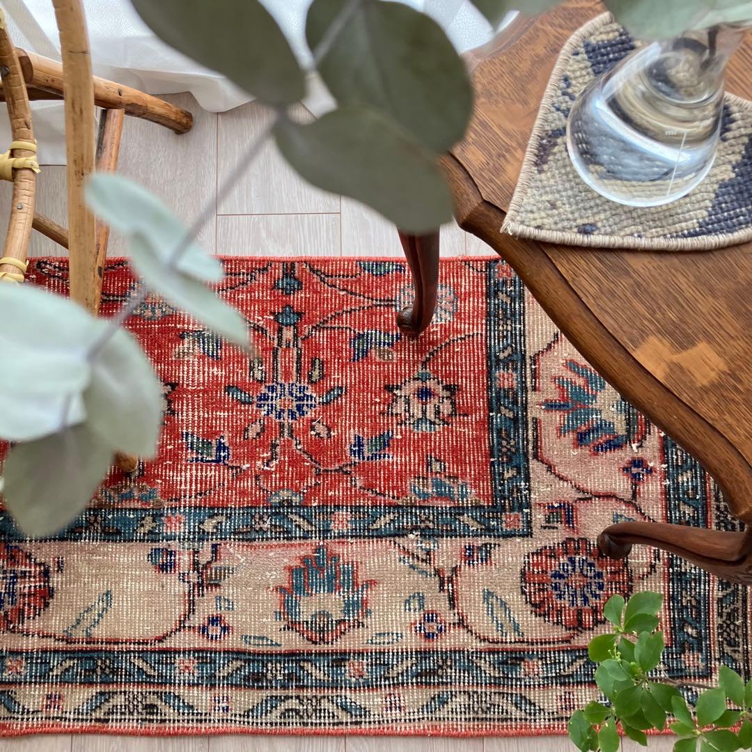 レッド53×163フローラル　ネイビー　ランナー　ロング　トルコヴィンテージラグ