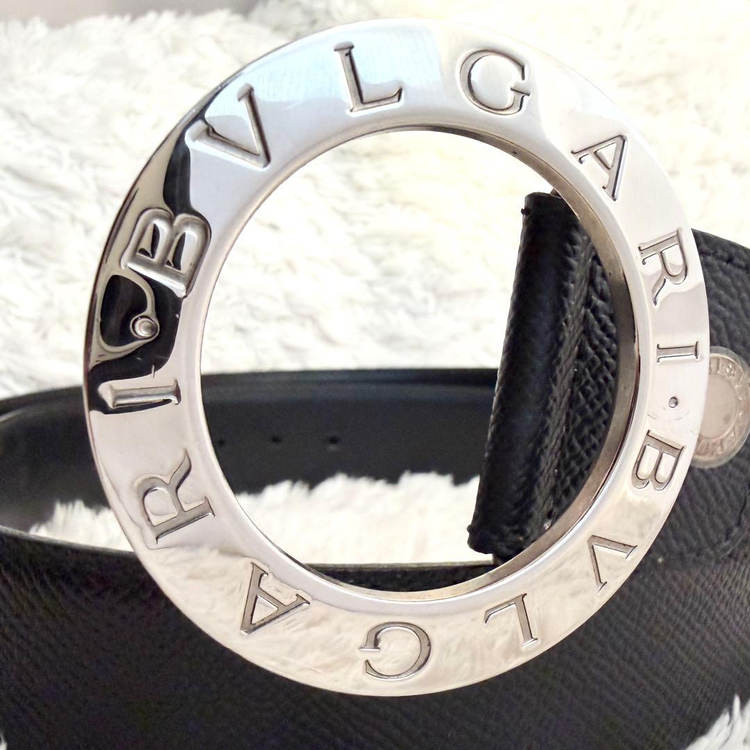 【美品】 ブルガリ ベルト ロゴマニア サークルロゴ シルバー金具 ブラック