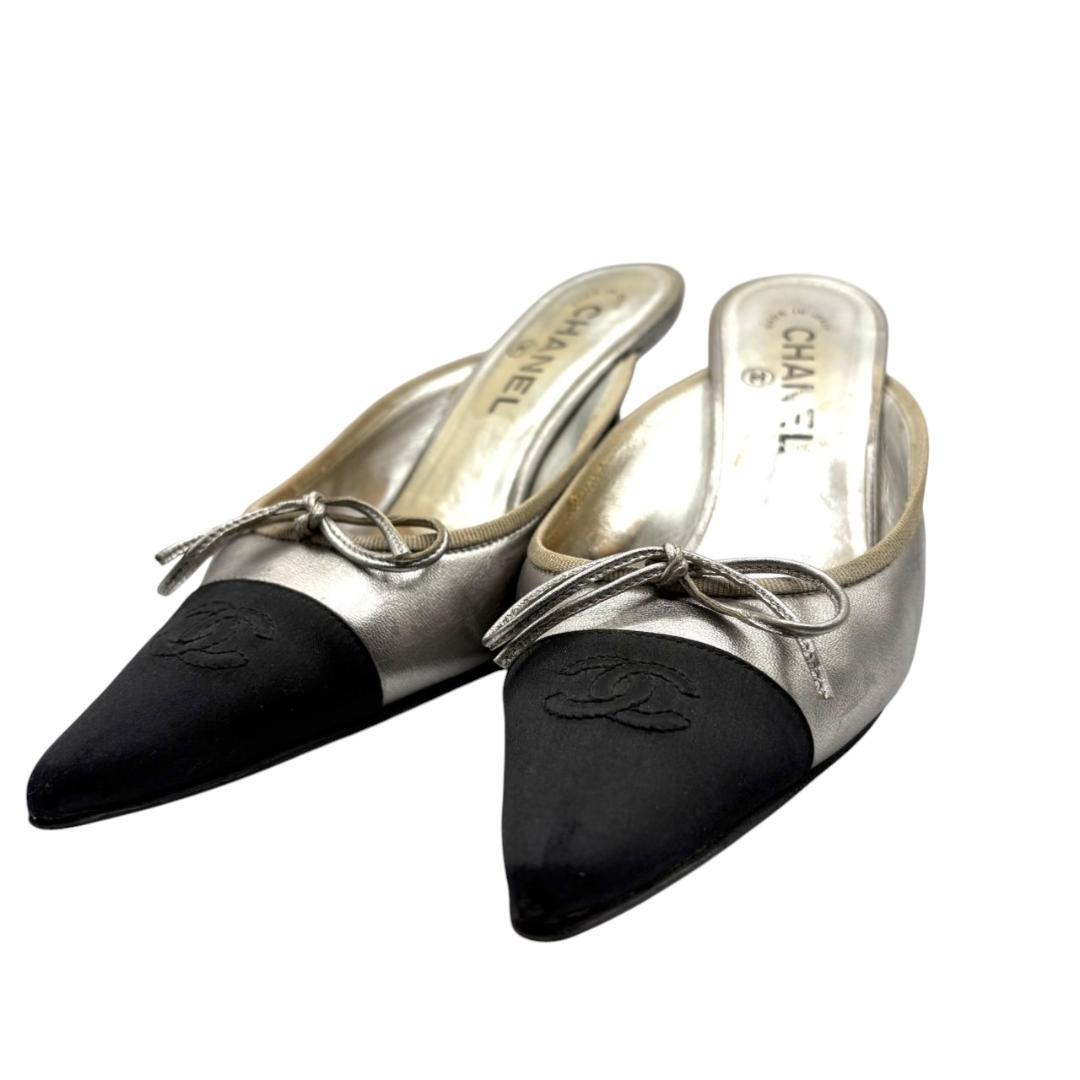 シャネル CHANEL バイカラー ミュール ココマーク シルバー