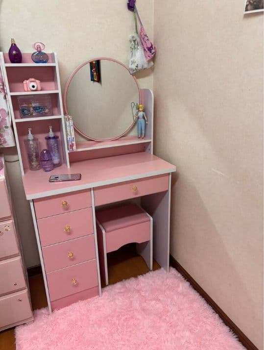 ピンク姫系ドレッサー 幅 80cm 円形ミラー 引き出し 5 杯 スツール付き