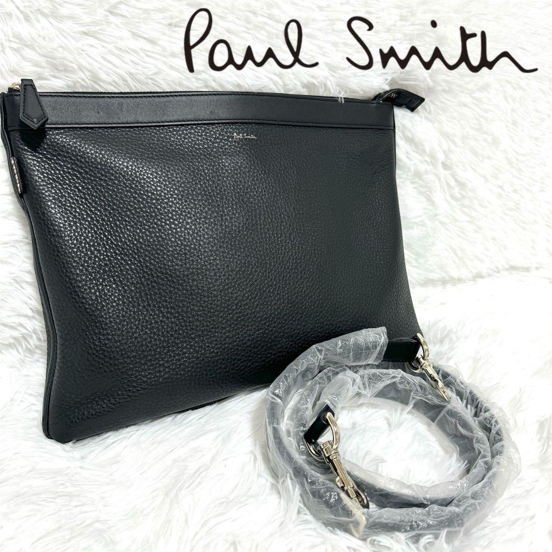 美品✨ ポールスミス 2way クラッチバッグ マルチストライプ シボ革 黒