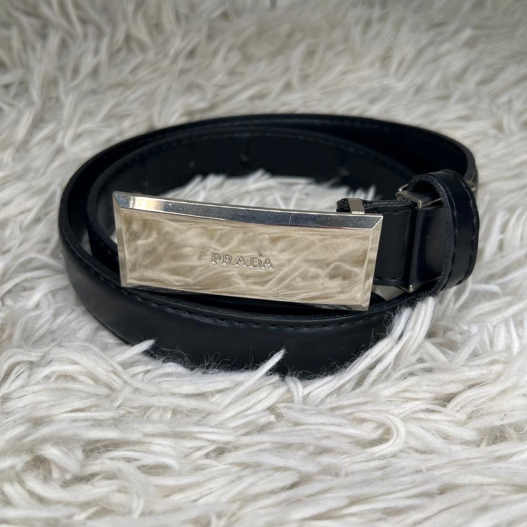 PRADA レザー　ベルト　ロゴ　シルバープレート　ブラック