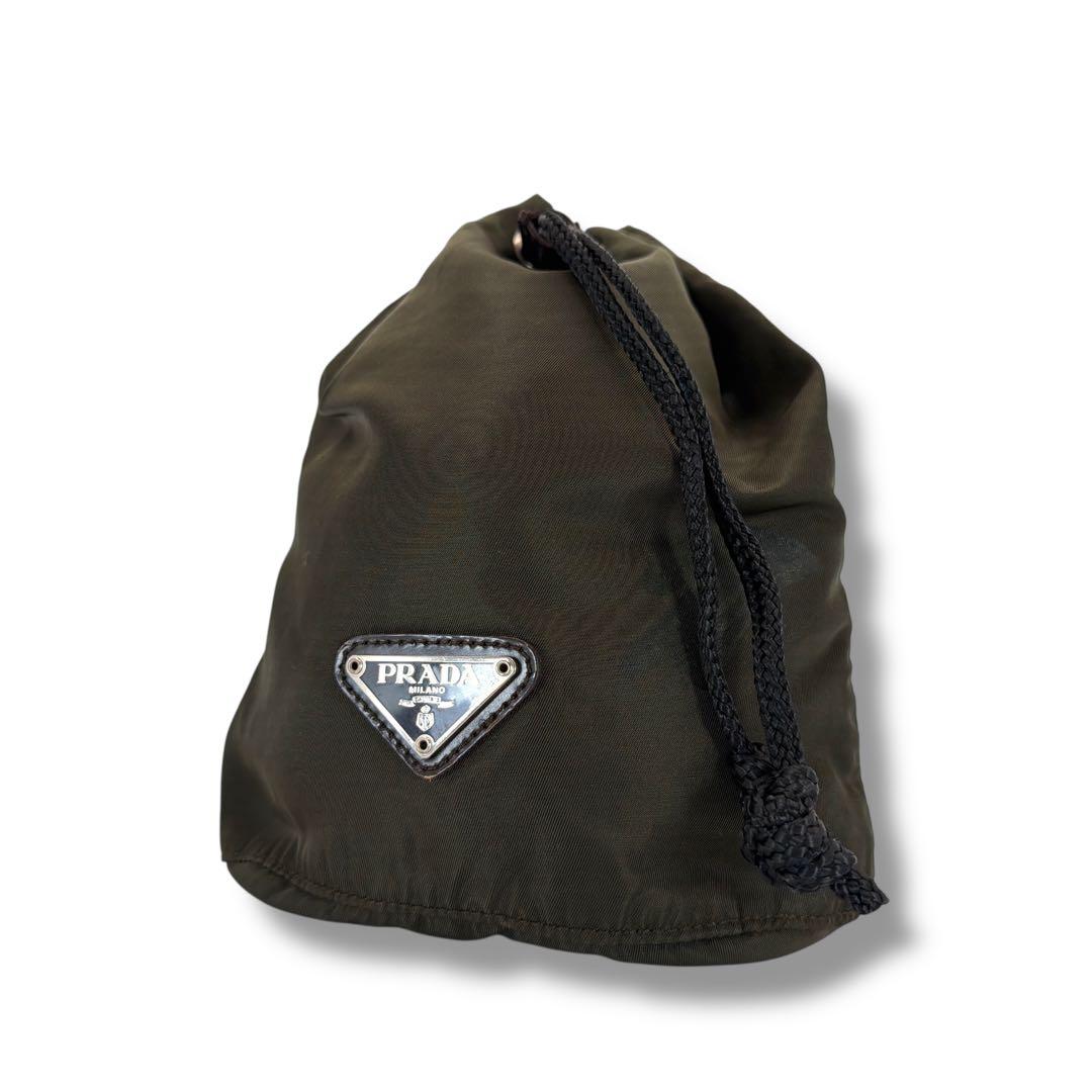良品 PRADA 巾着ポーチ カーキ ヴィンテージ ナイロン 三角ロゴ