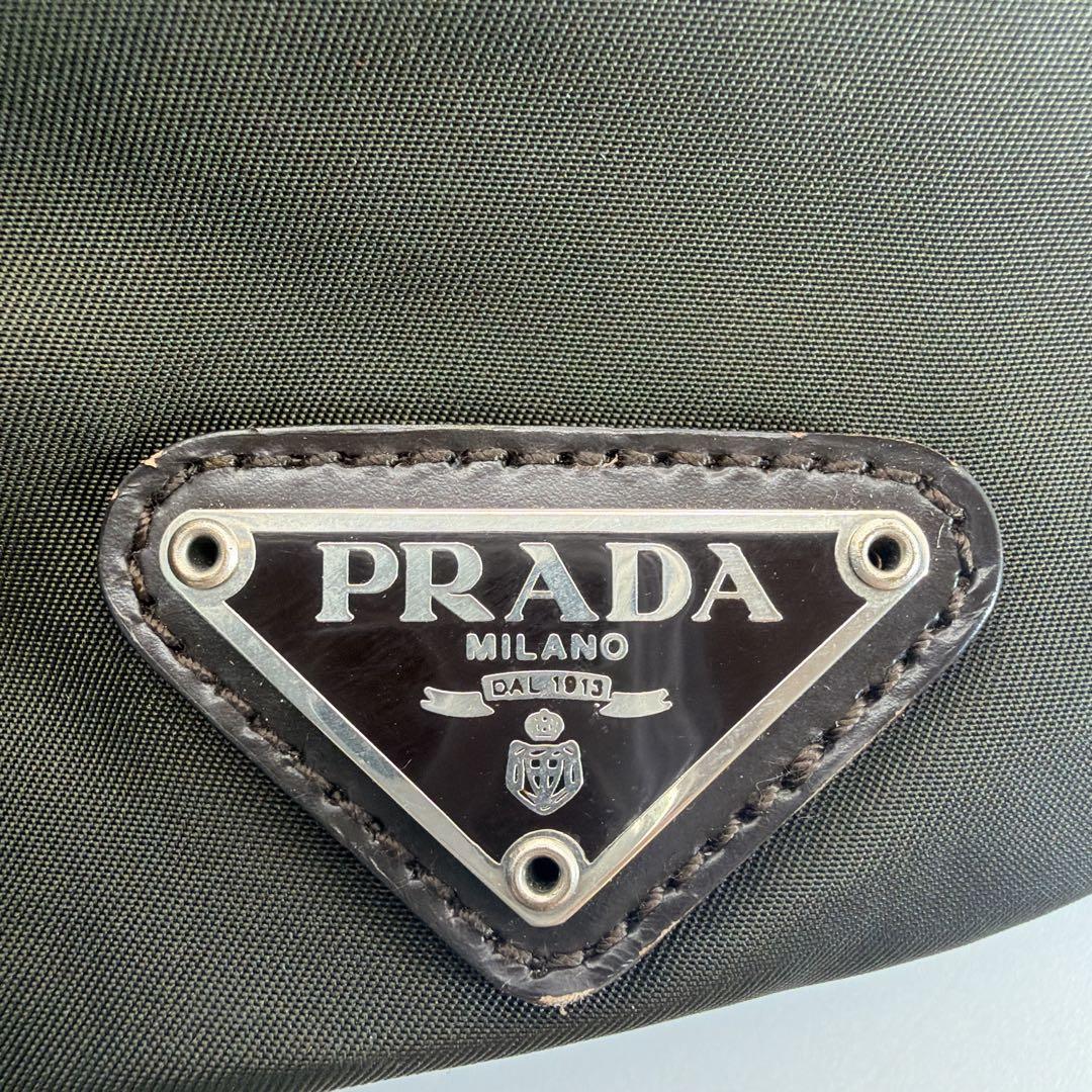 良品 PRADA 巾着ポーチ カーキ ヴィンテージ ナイロン 三角ロゴ