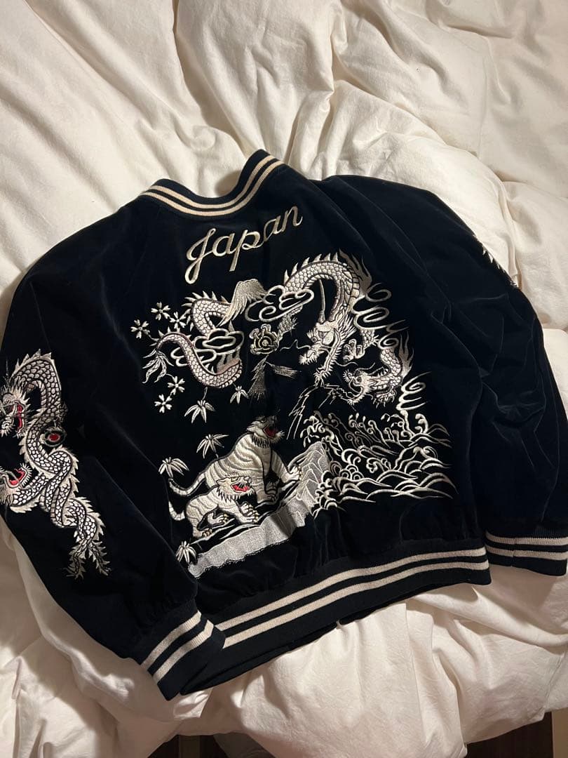 90s ベロア スカジャン ブラック 刺繍