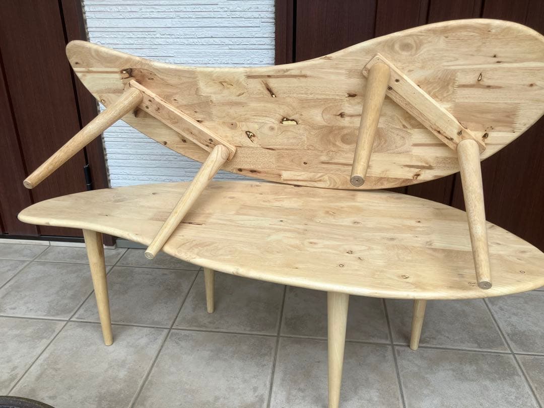 【美品】天然木ラバーウッド ◉曲線が美しいローテーブル◉2点セット