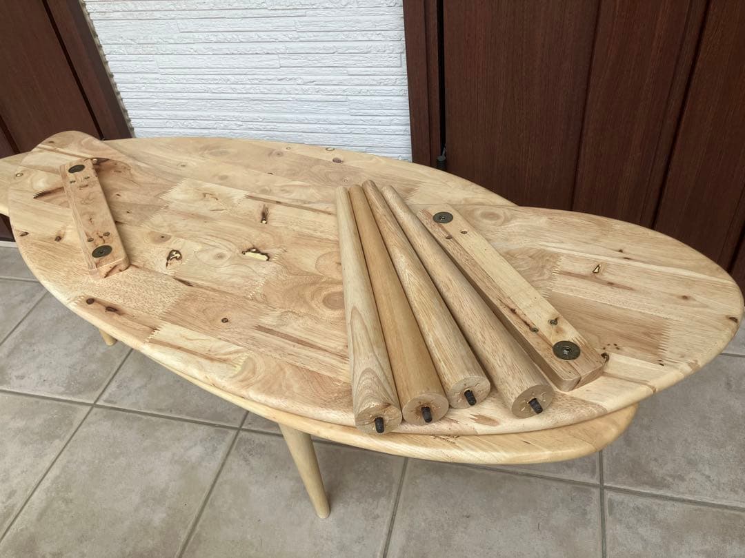 【美品】天然木ラバーウッド ◉曲線が美しいローテーブル◉2点セット