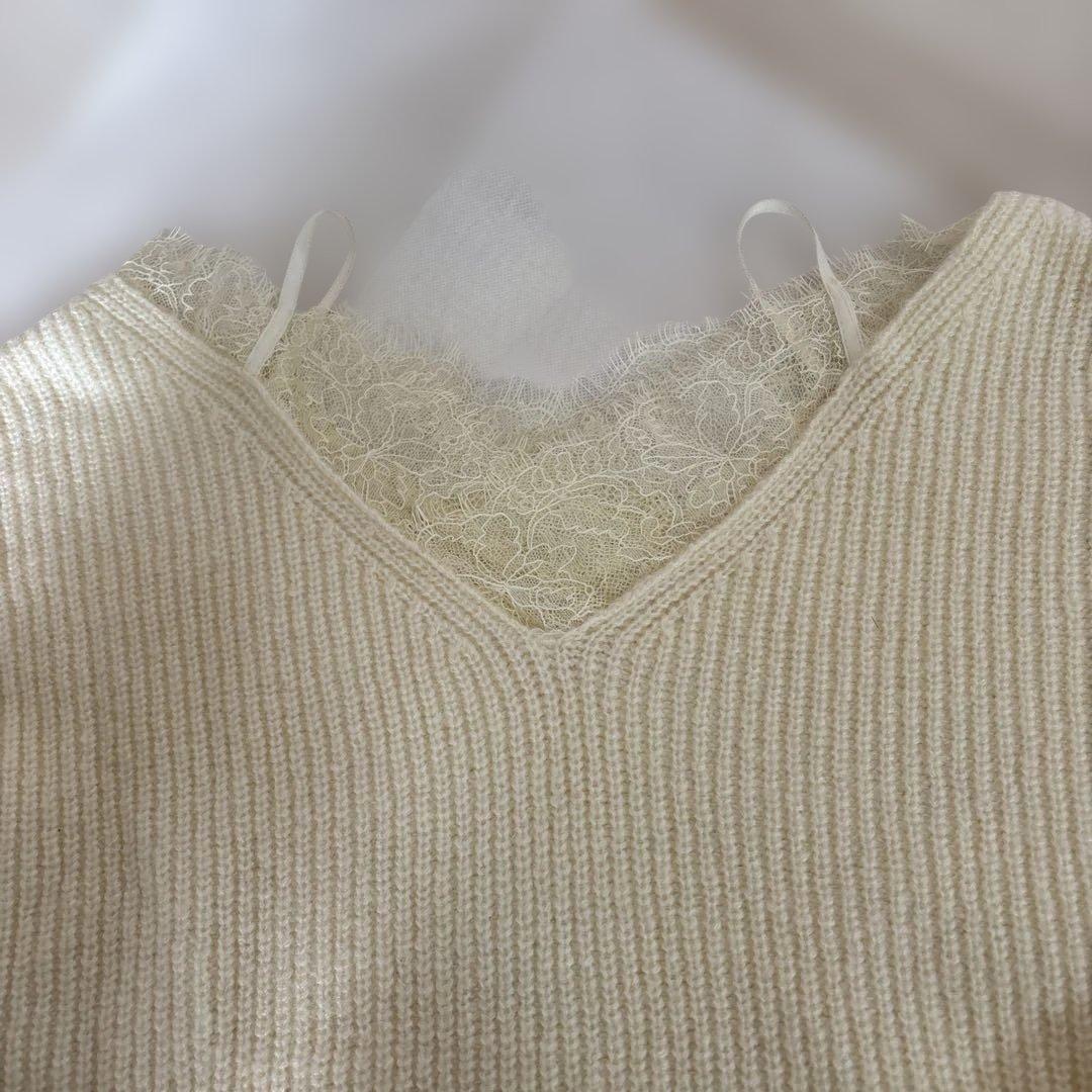 フレイアイディー　完売品 レーストリムラクーンニット　ホワイト　レース