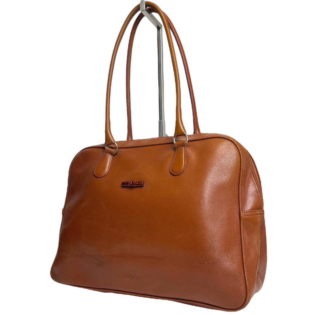 良品 LONGCHAMP 2865 ボストンバッグ バンブー オールレザー