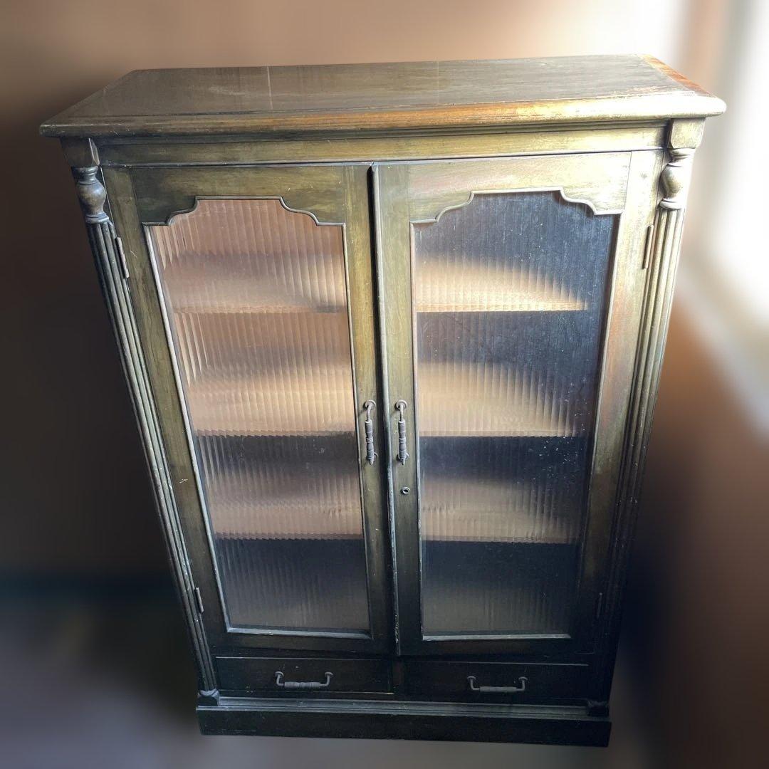 25日迄　ヴィンテージ　アンティーク　レトロ　木製モザイクガラス扉　キャビネット