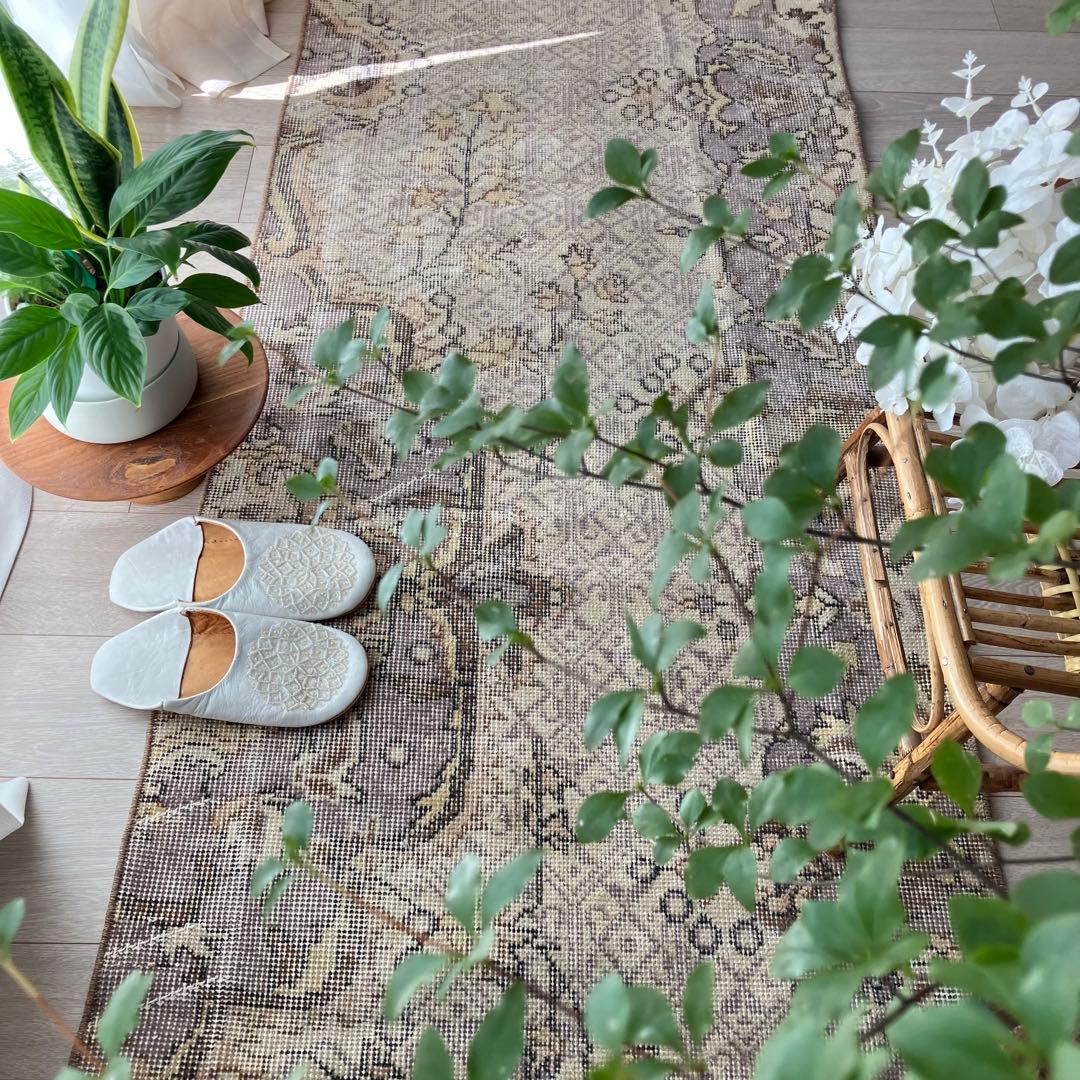 3m超ロング／76×297 グレー　メダリオンランナー　トルコヴィンテージラグ