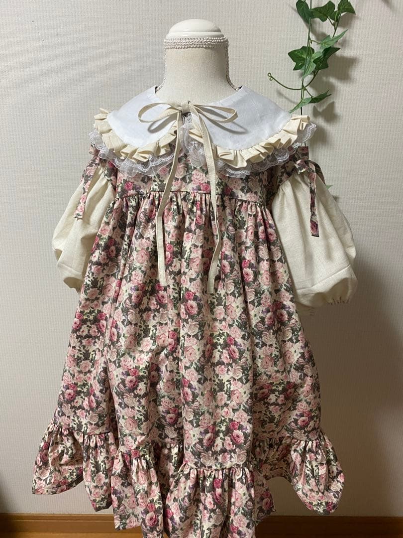 ハンドメイド　ふっくら袖ワンピース　90㎝つけ襟セット