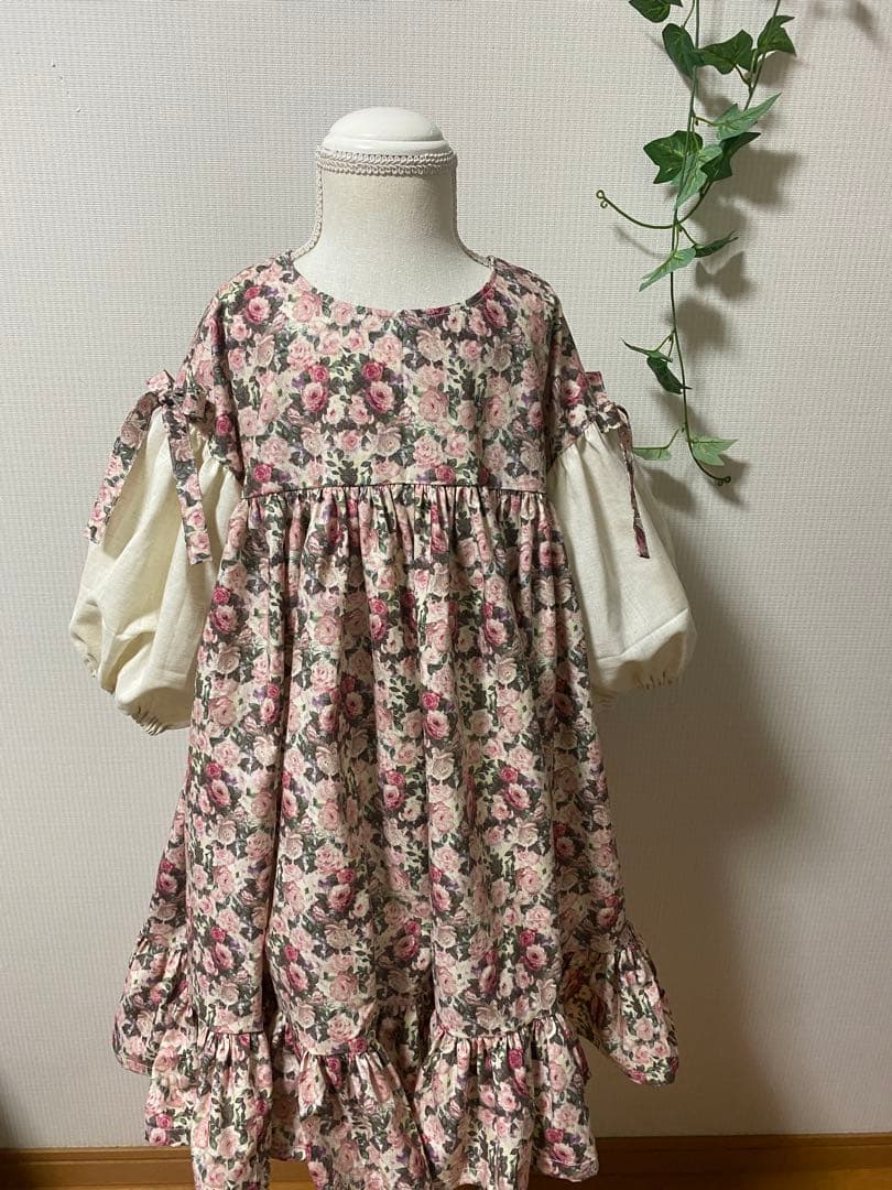 ハンドメイド　ふっくら袖ワンピース　90㎝つけ襟セット