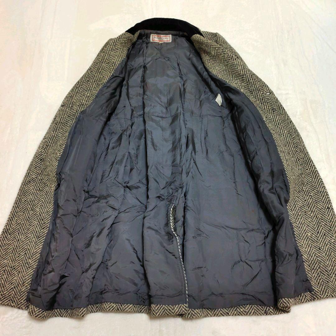 イヴサンローラン ダブルブレストコート ヘリンボーン ツイード ベロア切替