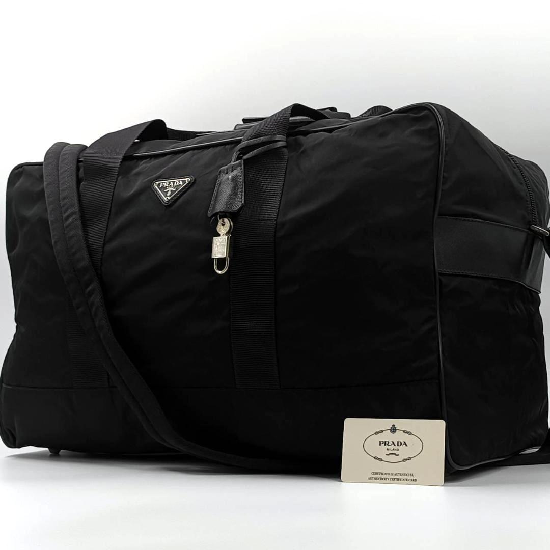 希少✨プラダ 南京錠鍵付き　2way ボストンバッグ 三角ロゴ ナイロン 革 黒