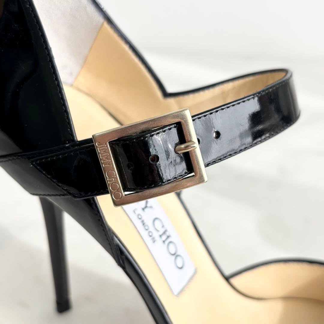 極美品 ジミーチュウ 36.5 オープントゥ ストラップ パンプス エナメル 黒
