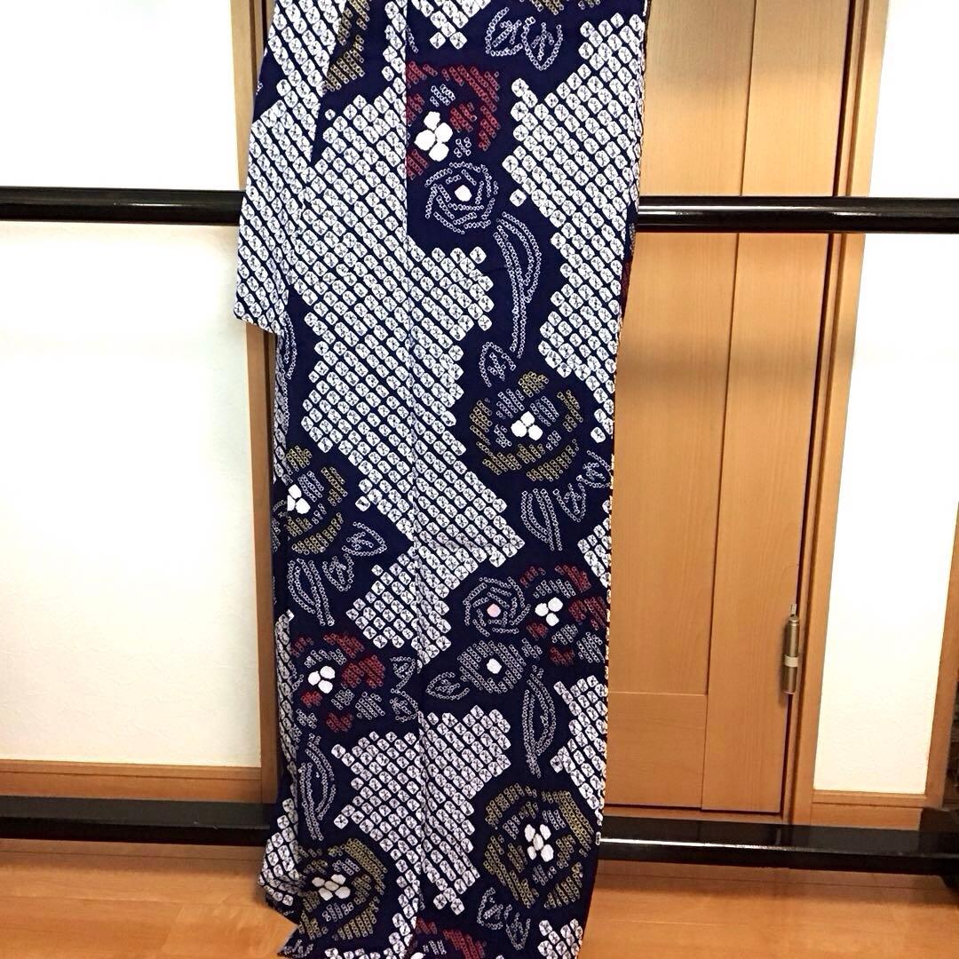 未使用☆本場有松絞り☆誂え浴衣☆紺色☆ばら☆身丈168☆裄丈68☆