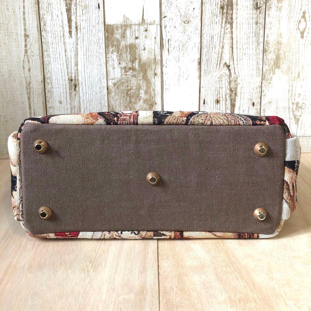 トートバッグ　ハンドメイド　デニムリメイク　ブラウン×レッド　バンブー【新品】