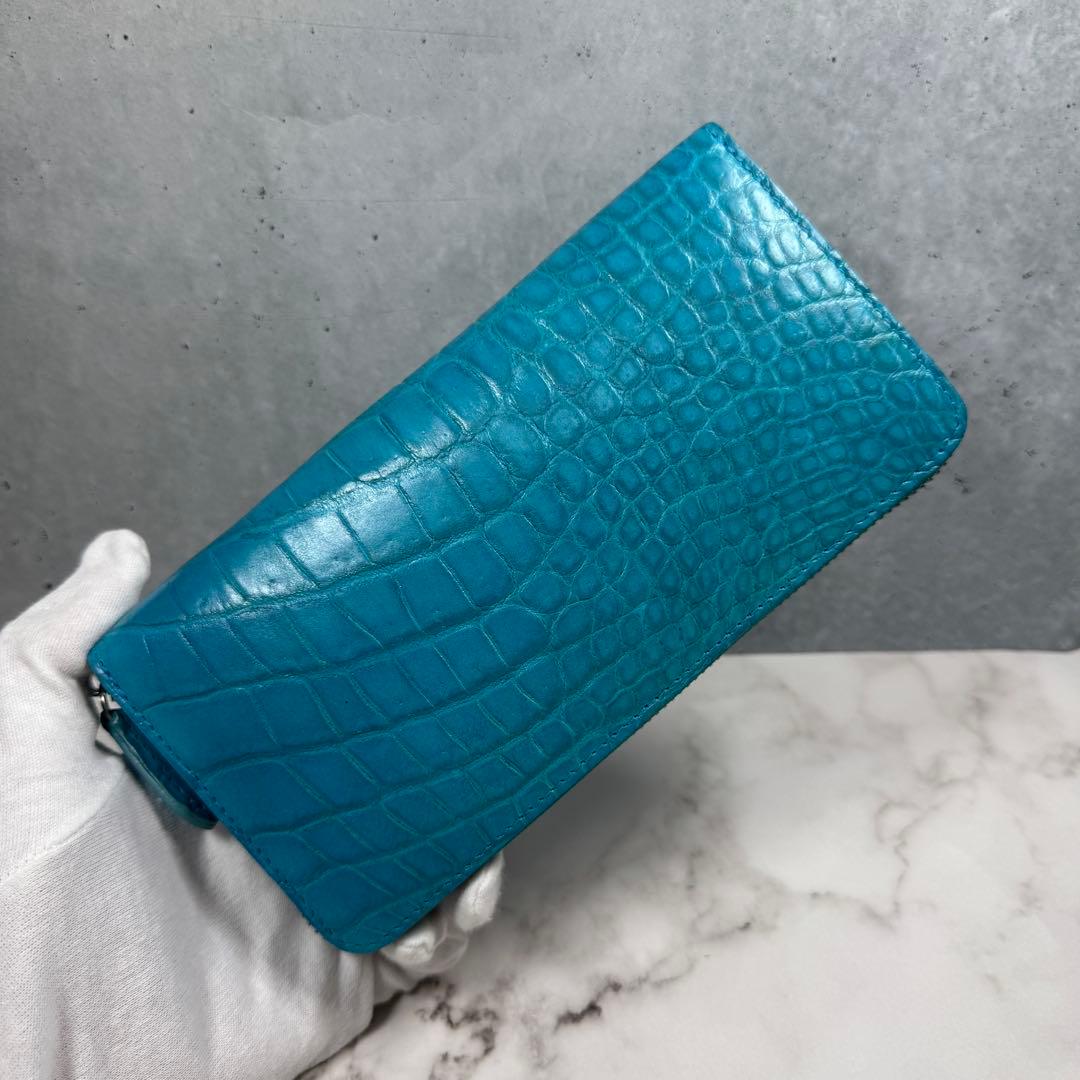 本革 クロコダイル ターコイズ ブルー 長財布 ワニ革 希少 メンズ レディース
