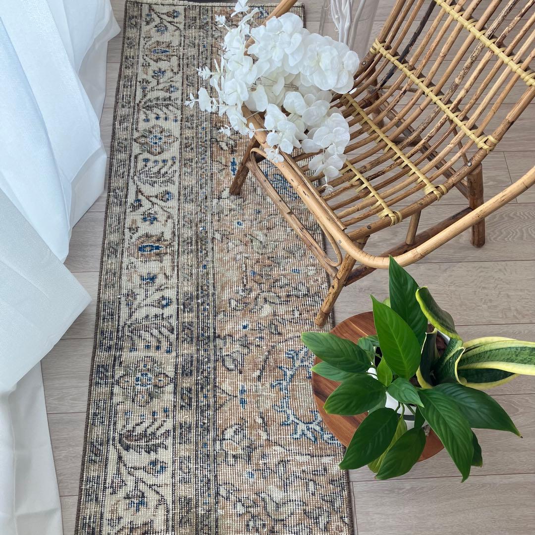 48×211ランナー　淡ブラウン　ブルー　ラインホワイト　トルコヴィンテージラグ